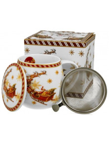 Krūzīte muciņa 430ml ar sietiņu un vāciņu Santa on sleigh