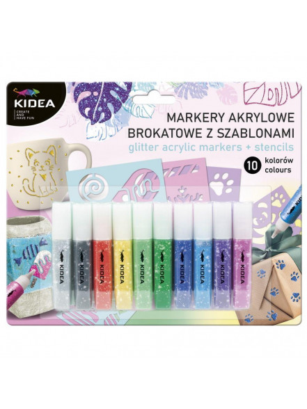 Marķeri akrīla gliteris 10 krāsas ar šabloniem Kidea