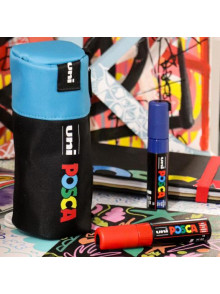 Penālis cilindra UNI Posca ar rāvējslēdzēju, zils/melns
