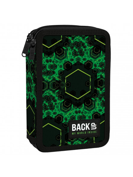 Penālis ar diviem rāvējslēdzējiem BACKUP 7 modelis DW45, 20 x 13 x 5 cm, 350 g, MELNS AR ZAĻU Quantu