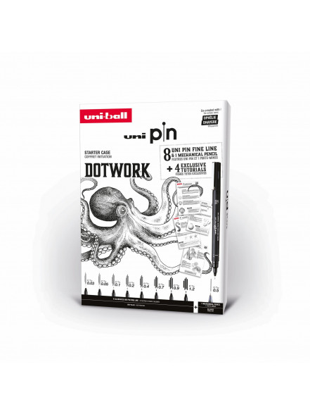 Marķieru UNI PIN komplekts Nr.4 Dotwork 8 gab.+ zīmulis Shalaku S 0,5mm + pamācība
