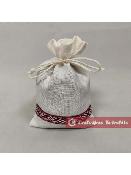 Balts lina maisiņš ar tautisko lenti 10x15 cm