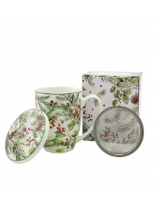 Krūzīte 360ml ar sietiņu un vāciņu Christmas Leaves