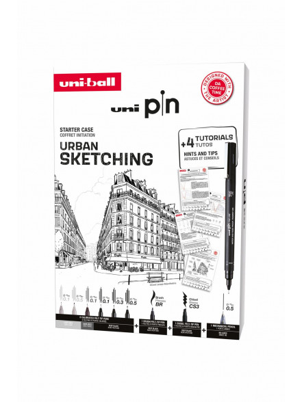 Marķieru UNI PIN komplekts Nr.3 Urban Sketching 8 gab.+ zīmulis Shalaku S 0,5mm + pamācība